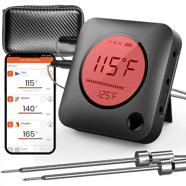 imageNutrichef Bluetooth Meat Thermometer for Grilling and Smoking with Zip Travel Case Wireless Meat Probe with LCD Display