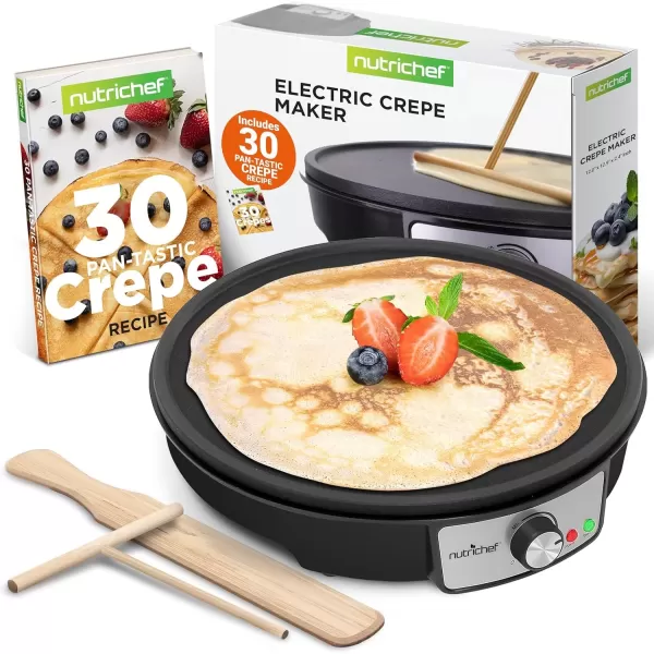 imagenutrichef Electric Crepe Maker Pan ampamp Griddle 12 Inch Nonstick Cooktop LED Indicators ampamp Adjustable Temperature Control Includes Spatula Batter Spreader Cooks Crepes Roti ampamp Pancakes