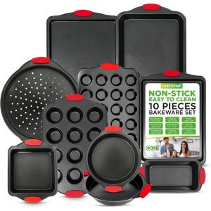 imageNutriChef Premium 10Piece Bakeware Set  Flexible Nonstick Carbon Steel Stylish Red Silicone Handles Oven Safe Up to 450F Dishwasher Safe Ideal for Baking Cakes Muffins ampamp More