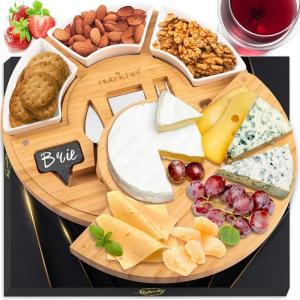 imageNutriChef Natural Bamboo Cheese Board Set with Bonus Condiment CupExtra Large Size 100 Home Organic Wooden Plate and Charcuterie Tray with 4 pcs Cutting Knife SlicerRound
