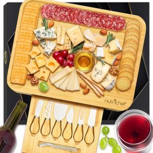imageNutriChef Natural Bamboo Cheese Board Set with Bonus Condiment CupExtra Large Size 100 Home Organic Wooden Plate and Charcuterie Tray with 4 pcs Cutting Knife SlicerRectangular