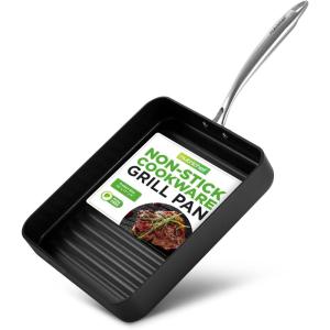 imageNutriChef 11quot Square Grill Pan Non Stick  High Ridges HardAnodized Stove Top Griddle Strong Handles Dishwasher SafeBlack