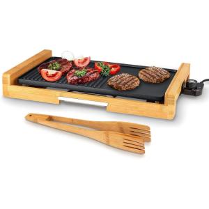 imageNutriChef Smokeless Indoor Electric Grill  Bamboo Tray NonStick Plate Adjustable Thermostat Dishwasher Safe 1800W PowerBamboo