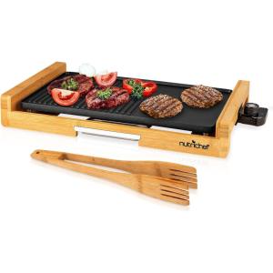 imageNutriChef Smokeless Indoor Electric Grill  Bamboo Tray NonStick Plate Adjustable Thermostat Dishwasher Safe 1800W PowerNatural