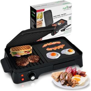 imageNutrichef 2in1 Panini Press Grill ampamp Griddle  Nonstick Coating Temperature Control  Multiuse Countertop Sandwich Maker  Removable Drip Tray  1500W  Compact Electric Griddle  203 x 125 x 53