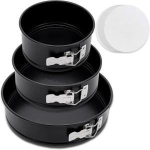 imageNutriChef 3Piece Nonstick Springform Pan Set  Premium Carbon Steel Cheesecake Pans with Stainless Steel Clasp  6quot 8quot 10quot Sizes Oven Safe up to 450F  Includes 300pcs Parchment Paper Black3Pack