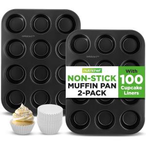 imageNutriChef Muffin Pans for Baking  Nonstick Cupcake Tins w 12Cups Carbon Steel Stackable Cup Cake Tray w 100pcs Parchment Paper Liners  Dishwasher ampamp Oven Safe  2Piece Set BlackBlack