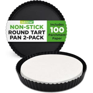 imageNutriChef 2 Round Tart Pans  9 Inch Carbon Steel Tart Baking Trays with Removable Base  Nonstick ampamp Even Heat Distribution  Includes 100 Parchment Papers  Height of 1 Inch  Black