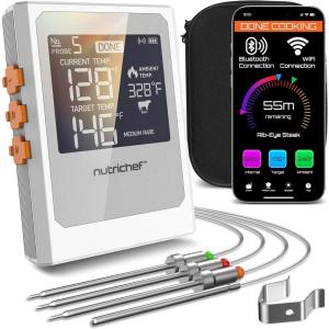 imageNutrichef Wireless Meat Thermometer with 2 Stainless Steel Probes Bluetooth and WiFi Smartphone App for Monitoring Food Temp and Remote Alerts Digital Display for Grilling and BBQ Smoking
