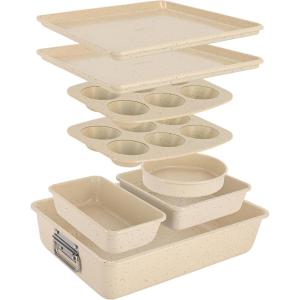 imageNutriChef 8Piece Stackable Bakeware Set  Carbon Steel NonStick Baking Pan Set  Includes Sheet Muffin Round Loaf Square Cake ampamp Deep Pans  No PFOA ampamp PFOS  Oven Safe to 450 F Marble CreamMarble Cream