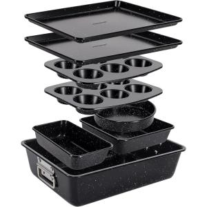 imageNutriChef 8Piece Stackable Bakeware Set  Carbon Steel NonStick Baking Pan Set  Includes Sheet Muffin Round Loaf Square Cake ampamp Deep Pans  No PFOA ampamp PFOS  Oven Safe to 450 F Marble CreamBlack Marble