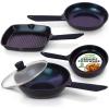 imageNutriChef 5Piece Frying Pan Cooking Set NonStick Ceramic Pan Set with Grill Pan and Wok StainResistant Frying Pans With CoolTouch Handles Tempered Glass Lid PTFEPFOAPFOS Free Blue Diamond