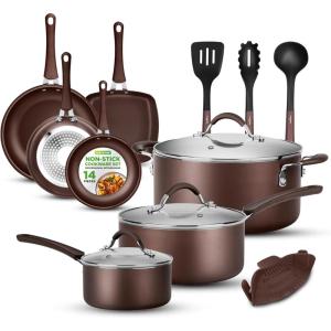 imageNutriChef 14Piece Non Stick Kitchen Cookware Set wSaucepan Frying Pans Cooking Pots Dutch Oven Pot Lids Utensil GoldBrown