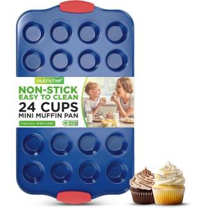 imageNutriChef 24Cup Nonstick Mini Muffin Pan with Red Silicone Handles  Carbon Steel Bakeware Tray for Savory ampamp Sweet Treats  Dishwasher Safe BlackBlue