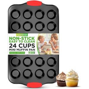 imageNutriChef 24Cup Nonstick Mini Muffin Pan with Red Silicone Handles  Carbon Steel Bakeware Tray for Savory ampamp Sweet Treats  Dishwasher Safe BlackBlack