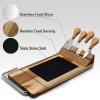 imageNutrichef Stainless Steel Knives and Magnet Holder Slicing Bamboo Cheese Board Platter4 Modern Wood Snack Serving Tray wStone Slate Slab Slicer Blade for Cutting Food Fruit Meat