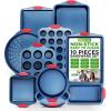 imageNutriChef Nonstick 3Piece Baking Pans Set  Carbon Steel Bakeware with Blue Coating Inside ampamp Outside and Red Silicone Handles Durable and Reliable Effortless Baking and Easy Cleanup Blue10Piece Set