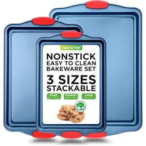 imageNutriChef Nonstick 3Piece Baking Pans Set  Carbon Steel Bakeware with Blue Coating Inside ampamp Outside and Red Silicone Handles Durable and Reliable Effortless Baking and Easy Cleanup Blue3Piece Set