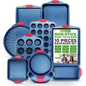 imageNutriChef Nonstick 3Piece Baking Pans Set  Carbon Steel Bakeware with Blue Coating Inside ampamp Outside and Red Silicone Handles Durable and Reliable Effortless Baking and Easy Cleanup Blue10Piece Set