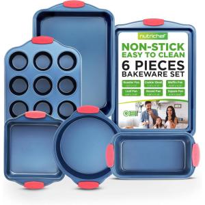imageNutriChef Nonstick 3Piece Baking Pans Set  Carbon Steel Bakeware with Blue Coating Inside ampamp Outside and Red Silicone Handles Durable and Reliable Effortless Baking and Easy Cleanup Blue6Piece Set