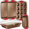 imageNutriChef 5Piece Baking Pan Set  Carbon Steel Stackable Bakeware with Red Silicone Handles ampamp Nonstick Coating Includes Cookie Sheets Roaster Pan with Lid Loaf Pan and 12 Cup Muffin Pan GoldGold
