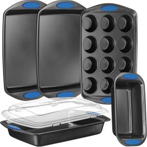 imageNutriChef 5Piece Baking Pan Set  Carbon Steel Stackable Bakeware with Red Silicone Handles ampamp Nonstick Coating Includes Cookie Sheets Roaster Pan with Lid Loaf Pan and 12 Cup Muffin Pan GoldGray