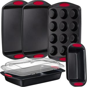 imageNutriChef 5Piece Baking Pan Set  Carbon Steel Stackable Bakeware with Red Silicone Handles ampamp Nonstick Coating Includes Cookie Sheets Roaster Pan with Lid Loaf Pan and 12 Cup Muffin Pan GoldBlack