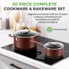 imageNutrichef 20 Piece Professional Home Kitchen Cookware and Bakeware Pots and Pans Set Non Stick Kitchenware CoolTouch Handles Non Toxic Safe for Gas Electric Induction Cooktops Easy CleanBrown