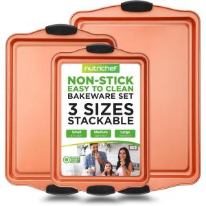 imageNutriChef 3 Piece Baking Pan Set  PFOA PFOS PTFE Free Flexible Nonstick Carbon Steel Bakeware Set  Home Kitchen Bake Pan Cookie Sheet Stackable Baking Tray Set wBlack Silicone Handles NCSBS3S453 Piece Set