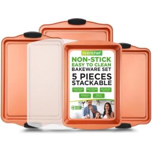 imageNutriChef 3 Piece Baking Pan Set  PFOA PFOS PTFE Free Flexible Nonstick Carbon Steel Bakeware Set  Home Kitchen Bake Pan Cookie Sheet Stackable Baking Tray Set wBlack Silicone Handles NCSBS3S455 Piece Set