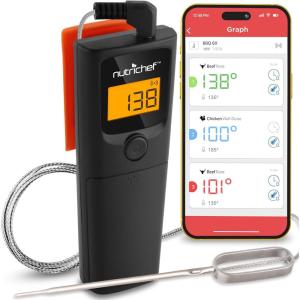 imageNutriChef Bluetooth Grill BBQ Meat Thermometer Digital Wireless Grill Thermometer Timer Alarm 150 ft Barbecue Cooking Kitchen Food Meat Thermometer for Smoker OvenV2 2024