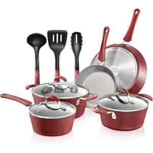 imageNutriChef Nonstick Cookware Excilon Home Kitchen Ware Set with Saucepan Frying Pans Cooking Pots Lids Utensil PTFEPFOAPFOS Free 11 Pcs Gray11 Pcs Stylish Kitchen Cookware Set w Elegant Lines Pattern