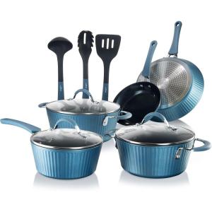 imageNutriChef Nonstick Cookware Excilon Home Kitchen Ware Set with Saucepan Frying Pans Cooking Pots Lids Utensil PTFEPFOAPFOS Free 11 Pcs GrayBlue