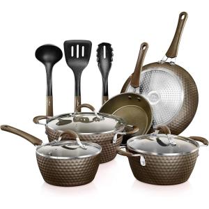 imageNutriChef Nonstick Cookware Excilon Home Kitchen Ware Set with Saucepan Frying Pans Cooking Pots Lids Utensil PTFEPFOAPFOS Free 11 Pcs GrayCoffee