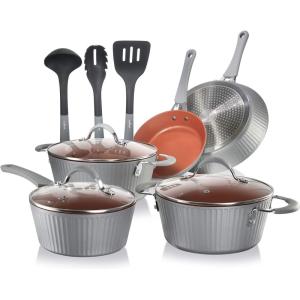 imageNutriChef Nonstick Cookware Excilon Home Kitchen Ware Set with Saucepan Frying Pans Cooking Pots Lids Utensil PTFEPFOAPFOS Free 11 Pcs GrayGray