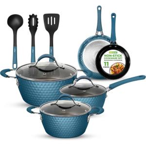 imageNutriChef Nonstick Cookware Excilon Home Kitchen Ware Set with Saucepan Frying Pans Cooking Pots Lids Utensil PTFEPFOAPFOS Free 11 Pcs GrayLight Blue
