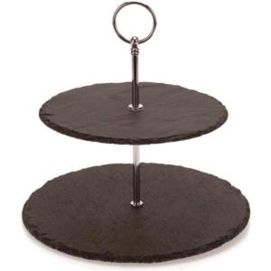 imageNutriChef Two Tier Slate Cake StandRound Multi Level Tray Serving PlateCupcake Holder DisplayDessert TowerFruit Platter wStainless Steel Rods and Handlefor WeddingBirthday