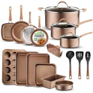 imageNutrichef 20 Piece Professional Home Kitchen Cookware and Bakeware Pots and Pans Set Non Stick Kitchenware CoolTouch Handles Non Toxic Safe for Gas Electric Induction Cooktops Easy CleanShiny Golden