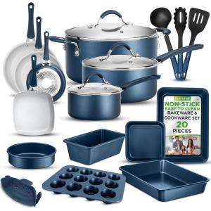 imageNutrichef 20 Piece Professional Home Kitchen Cookware and Bakeware Pots and Pans Set Non Stick Kitchenware CoolTouch Handles Non Toxic Safe for Gas Electric Induction Cooktops Easy CleanNavy