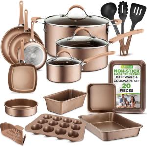 imageNutrichef 20 Piece Professional Home Kitchen Cookware and Bakeware Pots and Pans Set Non Stick Kitchenware CoolTouch Handles Non Toxic Safe for Gas Electric Induction Cooktops Easy CleanMatte Gold