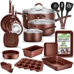 imageNutrichef 20 Piece Professional Home Kitchen Cookware and Bakeware Pots and Pans Set Non Stick Kitchenware CoolTouch Handles Non Toxic Safe for Gas Electric Induction Cooktops Easy CleanBrown