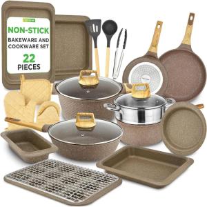 imageNutrichef 22Piece Maroon Marble NonStick Cookware and Bakeware Set  Professional Home Kitchen Collection with MultiSized Pots Pans and HeatResistant ToolsMaroon Marble
