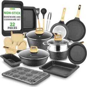 imageNutrichef 22Piece Maroon Marble NonStick Cookware and Bakeware Set  Professional Home Kitchen Collection with MultiSized Pots Pans and HeatResistant ToolsBlack Marble