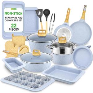 imageNutrichef 22Piece Maroon Marble NonStick Cookware and Bakeware Set  Professional Home Kitchen Collection with MultiSized Pots Pans and HeatResistant ToolsMoon Grey Marble