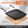 imageNutriChef Cast Iron Reversible Grill Plate with Removable Handles  Square Griddle Skillet for Stove Top Flat ampamp Grill Side Oven Safe Includes Wood Base
