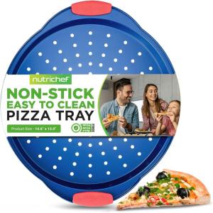imageNutriChef 13Inch Nonstick Pizza Tray  Round Carbon Steel NonStick Pizza Baking Pan with Perforated Holes Premium Bakeware Pizza Screen with Silicone Grip Handles Dishwasher Safe  NCBPIZ1Blue