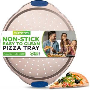 imageNutriChef 13Inch Nonstick Pizza Tray  Round Carbon Steel NonStick Pizza Baking Pan with Perforated Holes Premium Bakeware Pizza Screen with Silicone Grip Handles Dishwasher Safe  NCBPIZ1Gold