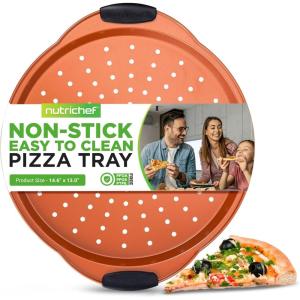 imageNutriChef 13Inch Nonstick Pizza Tray  Round Carbon Steel NonStick Pizza Baking Pan with Perforated Holes Premium Bakeware Pizza Screen with Silicone Grip Handles Dishwasher Safe  NCBPIZ1Copper