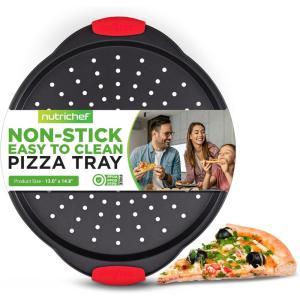 imageNutriChef 13Inch Nonstick Pizza Tray  Round Carbon Steel NonStick Pizza Baking Pan with Perforated Holes Premium Bakeware Pizza Screen with Silicone Grip Handles Dishwasher Safe  NCBPIZ1Black 1