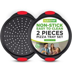 imageNutriChef 13Inch Nonstick Pizza Tray  Round Carbon Steel NonStick Pizza Baking Pan with Perforated Holes Premium Bakeware Pizza Screen with Silicone Grip Handles Dishwasher Safe  NCBPIZ1Black 2 pack